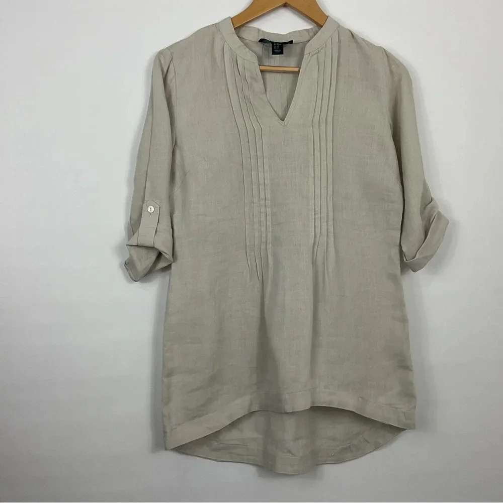 Cynthia Rowley Linen‎ Pleated V Neck Top Size XS